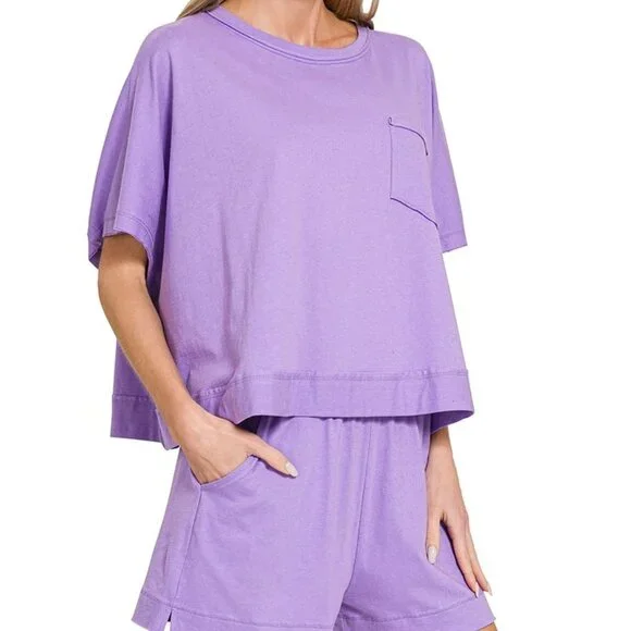 NWT Zenana Exposed Seam Boxy Top & Shorts Set - Picture 2 of 3